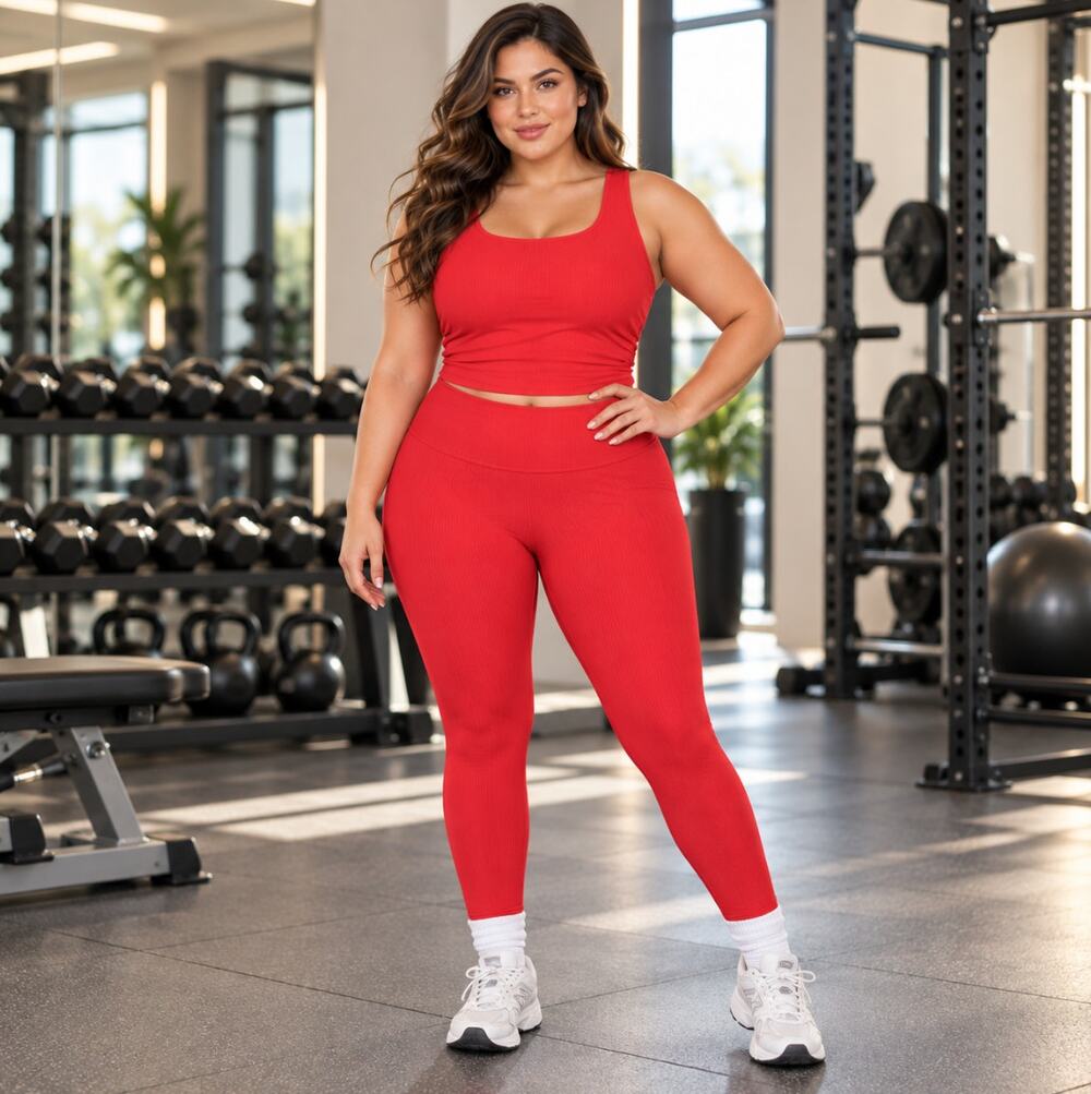 WILO Active Red Ribbed Ruched Activewear Set Top Leggings Women's Size L